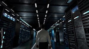 Bio Revolution. IT Administrator Activating Modern Data Center Server with Hologram.