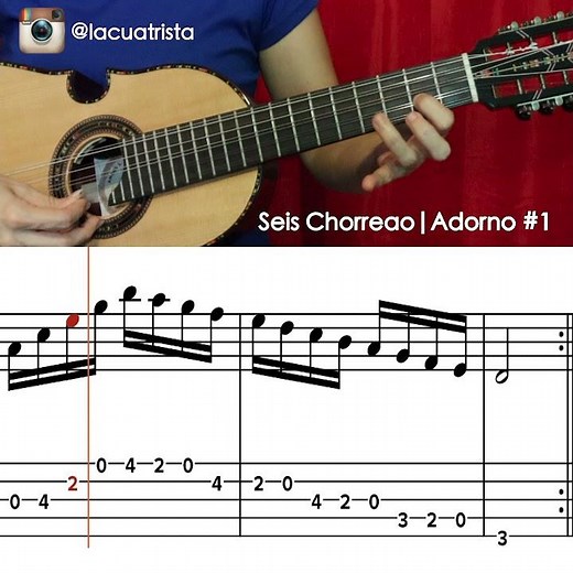 Seis Chorreao | Adorno #1 en Re Mayor (D) con tablatura y notación musical | Cuatro Puertorriqueño