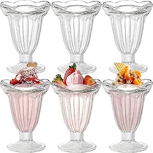 6 Pack Glass Tulip Sundae Cups, 6.7 Oz Clear Old Fashioned Soda Cup, Footed Milkshakes Glass for Ice Cream, Juice, Parfait, Fruits, Mousse, Pudding