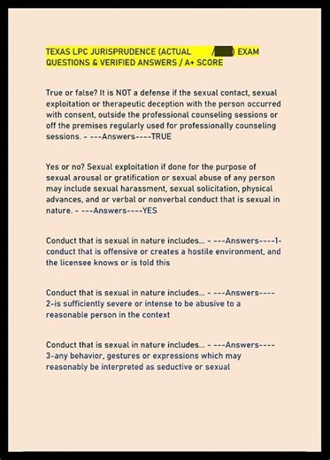 Texas Lpc Jurisprudence Actual Exam Questions Verified Answe video
