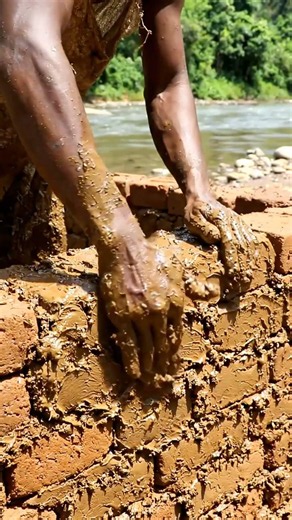 Primitive Survival Shelter Building From Clay Bricks and Wood | Handmade Riverside Home