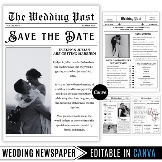 Wedding Newspaper Template With Photo, Editable Newlywed Times, Customizable Wedding Program, Marriage Itinerary for Wedding Day - Etsy