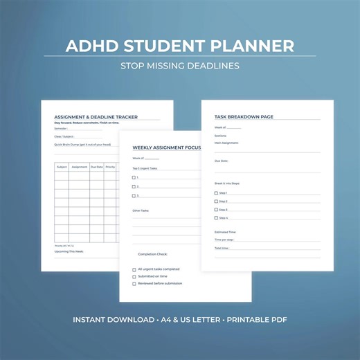 ADHD Student Planner Printable, Assignment Tracker, Study Organizer ,digital Download - Etsy