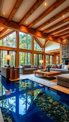 Luxury Wooden Forest Cabin with Blue Epoxy River Floor | Modern Rustic Interior Design Inspiration