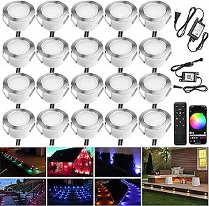 Smart LED Deck Light Kits - 20 Pack of 1.77" Low Voltage Recessed RGBW Deck Lights IP67 Waterproof for Outdoor Landscape Lighting on Steps, Floors & Pathways, Compatible with Alexa & Google Assistant
