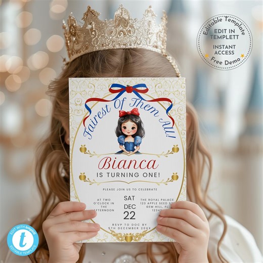 Snow White Birthday Invitation | Princess Invite | 1st Birthday Invite | Editable Template | Fairytale Party | Girl Birthday Invitation