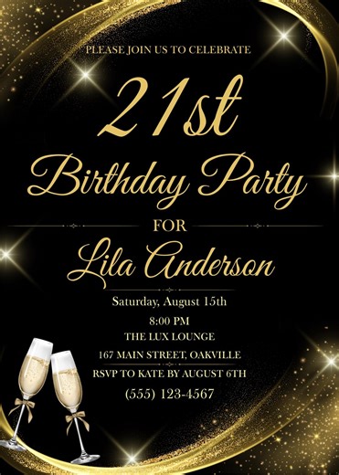 21st Birthday Invitation Template | Black and Gold Birthday Party Invite | Editable Canva Invitation | Elegant Adult Birthday Invitation - Etsy