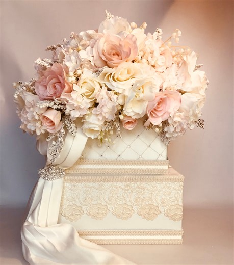 Lace Wedding Card Box: ,OFF-WHITE, Pink, Gold Rhinestone Keepsake - Etsy