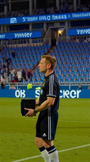 Referee making VAR signal with hands, followed by confirmation gesture. Decision finalized moment.