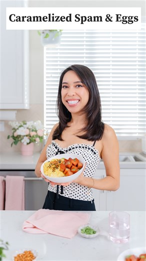 20 min Caramelized Spam & Eggs 😍 Send your tastebuds to Hawaii with this comforting bowl of crispy spam glazed in a sweet soy sauce paired with softly scrambled eggs, crispy garlic, and furikake. Comment “Recipe Please” and I’ll send you my recipe ASAP✨ . . . #Easyrecipes #comfortfood #hawaiianfood | Takes Two Eggs
