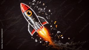 A black and red rocket ship is blasting off into space. There are flames coming out of the rocket's engines, and stars and dust particles are flying around the rocket.