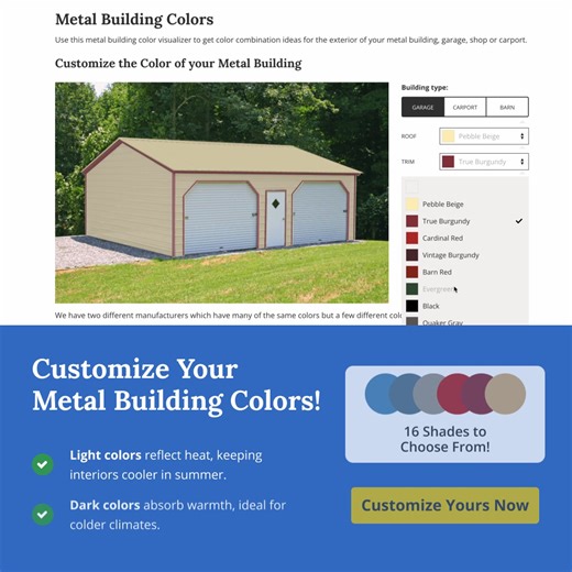 44K views · 56 reactions | Did you know the color of your metal building can impact its style, durability, and even temperature? With our Metal Building Color Visualizer, you can: ✅ Match your building to your home, garage, or landscape ✅ Explore color combinations for the roof, trim, and siding ✅ Make an informed choice before placing your order ️ Try the visualizer now & customize your dream building Visit https://alansfo.com/4jD8oSV | Alan's Factory Outlet | Facebook
