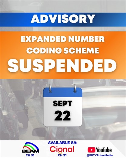 4.2K views | Ayon sa MMDA, suspendido narin ang expanded number coding scheme bukas, September 22, 2025, dahil sa Super Typhoon #NandoPH at habagat. #PRTVPrimeMedia #PRTVNews #MMDA #NumberCodingScheme | PRTV Prime Media | Facebook