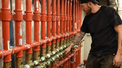 Engineer fitting spray nozzles on a wet pipe fire sprinkler layout focusing on precise placement to maximize flame suppression coverage.