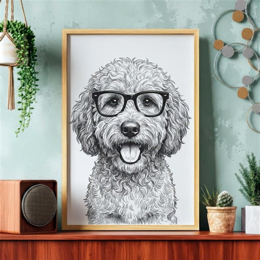 Whimsical Labradoodle Glasses Poster, Black and White Dog Nursery Wall Art Decor - Etsy