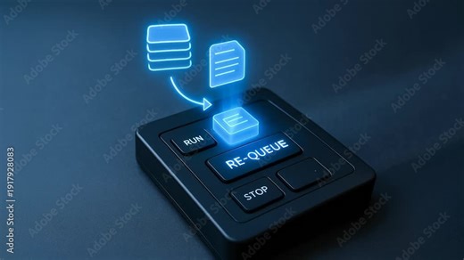 Finger pressing Re-Queue button to move digital files back to stack, concept of process automation and queue management