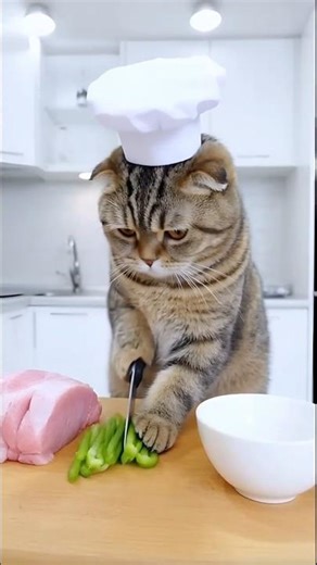 Tabby Cat Cooking Stir-Fried Pepper Pork.😹🍳🔥 #cat #catchef #shorts