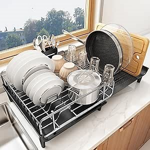 SNTD Dish Drying Rack - Expandable Dish Rack for Kitchen Counter, Large Dish Drainer with Pan Holder, Dish Strainer with Drainboard Cup Holder and Utensil Holder, Black