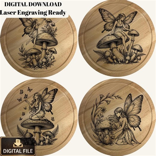 Fairy Mushroom Laser Engraving PNG SVG Bundle | 4 Fantasy Fairy Designs | Vintage Woodland Wood Engraving Art | Digital Download - Etsy Canada