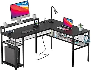 L Shaped Gaming Desk with and Power Outlet and USB Charging Ports, 42.5 Inch Reversible Computer Desk with Storage Shelf and Monitor Stand Corner Desk Home Office Table with 2 Hooks, Black