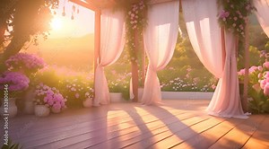 Wedding altar with soft white curtains and flowers in golden sunlight