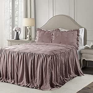 Lush Decor Ravello Pintuck Ruffle Skirt Bedspread Set - Luxe 3 Piece Ruffled Bedding Set - Traditional Glam & Farmhouse Inspired Bedroom Decor - King, Woodrose