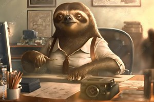 Anthropomorphic clever sloth working in shirt and tie and writing in the office