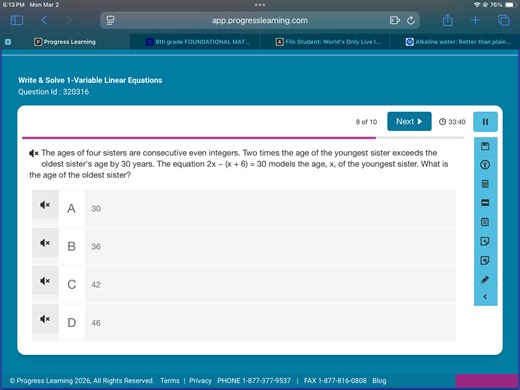 The ages of four sisters are consecutive even integers. Two tim... | Filo