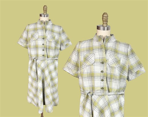 Vintage VOLUP 1960s 1970s Green Grey Plaid Dress - Matching Belt Waist:36"