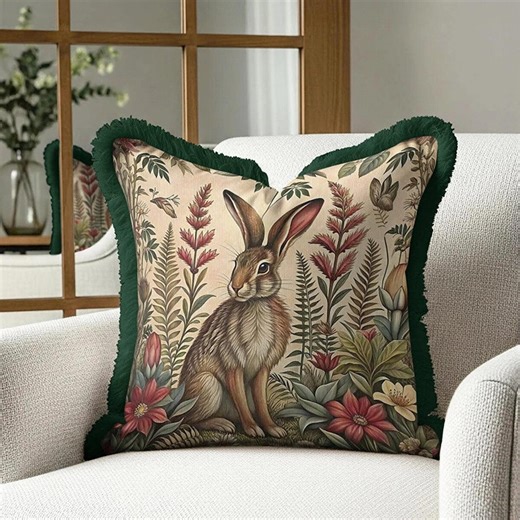 Botanical Rabbit Pillow Cover - Green Velvet With Fringe Trim - Etsy