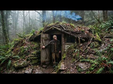 Building a complete and warm shelter for survival Hut with grass roof & clay fireplace (ASMR)