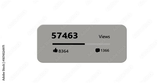 Online Views Count Increasing Animation with comment and like counter from 0 to 2 million vews. Video Views Count with progress bar white background animation. Quick numerical view counting