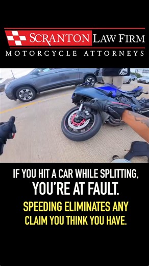 Scranton Law Motorsports on Instagram: "👀 ✔ If you hit a car while lane splitting, you are almost always at fault. Lane splitting is legal in many states, but only when it’s done: at safe speeds with caution between slow or stopped vehicles ✔ Speeding destroys any insurance claim High-speed splitting is considered reckless. Insurance will treat this crash as rider-caused. ✔ The car he hit isn’t liable Drivers can’t predict motorcycles flying past them at unsafe speeds. ✔ Injuries can be severe