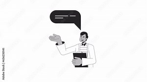 South asian scientist giving consultation bw outline 2D character animation. Hospital medical student monochrome linear cartoon 4K video. Man consulting animated person isolated on white background
