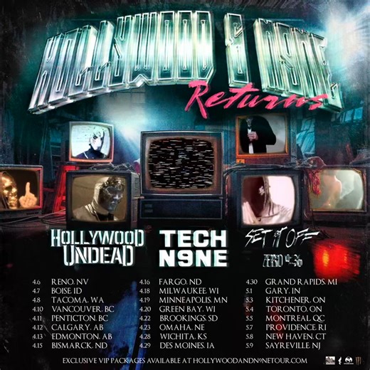 HOLLYWOOD & N9NE RETURNS ‼️ Come rock with Hollywood Undead & Tech N9ne with special guests Set It Off and Zero 9:36 at Rebel on May 4. Tickets on sale now | Hollywood Undead