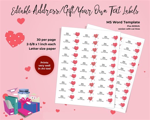 Printable Love, Heart Valentine's Address Labels, Stickers, Gift, Editable Text Labels. 30 per Page. MS Word Template - Etsy