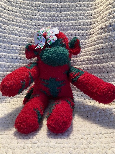 Handmade Fuzzy Sock Monkey Plush: Red, With Green Design and Christmas Bow - Etsy