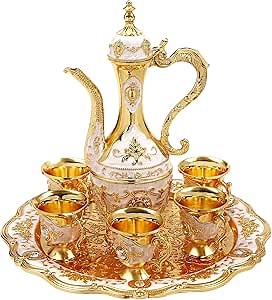 Turkish Tea Set, Vintage Turkish Coffee Set with Pot and 6 Cups for Home Decor Birthday Christmas Housewarming Wedding. (Gold)