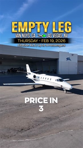 EMPTY LEG ALERT 🛩️ Van Nuys → Las Vegas Thursday, February 19th, 2026 Aircraft: Citation XLS Capacity: Up to 9 Passengers Skip LAX and experience private aviation at a fraction of the cost. This repositioning flight offers luxury, convenience, and flexibility without the premium price. DM “EMPTY” to be added to our daily empty leg newsletter for 100s of discounted private jet deals and to book this jet. | Jon Grace