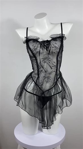 Transparent Erotic Open Pajamas Lace  Tulle Dress Lingerie Women Open Crotch Sleepwear Temptation Black Sexiest Nighties