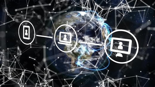 Monitor icon appearing starting icons aligning, globe rotating, blue arcs showing data paths