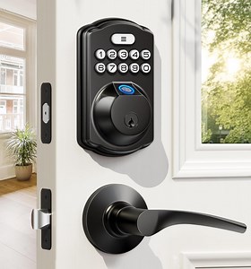 Veise Fingerprint Door Lock with 2 Lever Handles - Keyless Entry Door Lock, Electronic Keypad Deadbolt, Easy Installation, Matte Black
