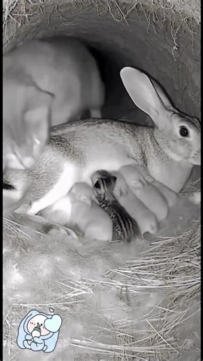 Inside a warm rabbit burrow, the mother rabbit is quietly feeding her tiny babies