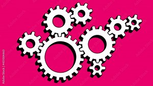 Cogs black and white cartoon business animation. 8 dynamic cogs working in motion. Eight element machine. Good for business metaphor, etc... Seamless loop