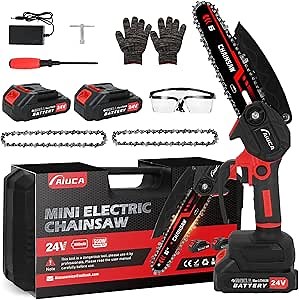 6-Inch Mini Chainsaw, Cordless Handheld Electric Chainsaw with 2x 24V 4000mAh Batteries & 2 Chains, Lightweight & Portable, for Tree Trimming, Wood Cutting, Gardening, Outdoor & Household Use (Red)
