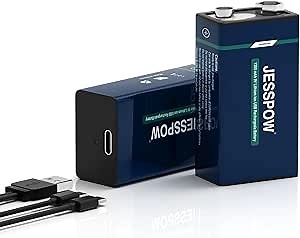 JESSPOW 9V Rechargeable Batteries USB All-Purpose Alkaline 9 Volt Lithium Battery for Electric Guitar, Microphone,Smoke Alarms Detector,Household and Office Devices with Type C Charging Cable 2 Pack