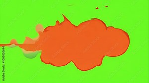 Fiery red and orange cartoon explosion with thick smoke trails, on a green screen