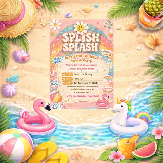 8th Birthday Pool Party Invitation | Splish Splash Summer Kids Invite (editable Template) - Etsy
