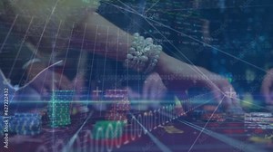 Animation of statistical and stock market data processing over mid section of people playing poker