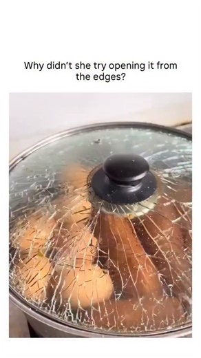 Trend Meme on Instagram: "- The video depicts a woman shattering a glass lid on a stainless steel pot containing boiled eggs and sweet potatoes by twisting the handle with a cloth, likely due to a vacuum seal formed during cooling after cooking. - The caption critiques the approach, noting that lifting or tapping the lid’s edges first would break the seal safely, preventing the torque-induced fracture seen here. - Such incidents highlight risks with tempered glass lids under thermal stress; mate